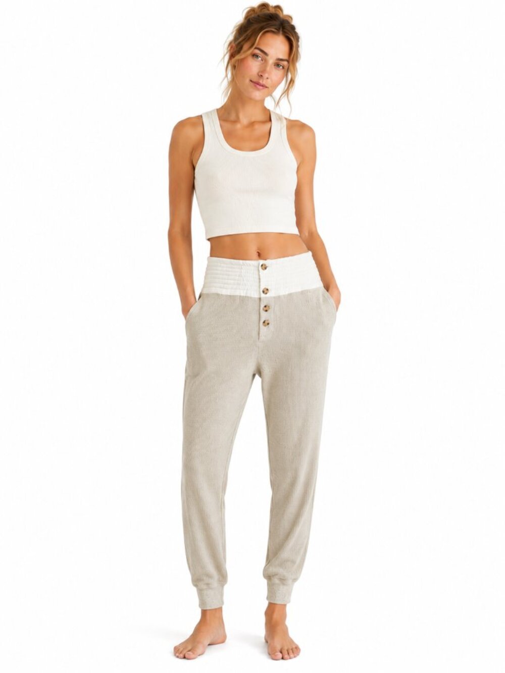 Bassike Beige Waffle Knit Jogger Pants Button Up Cotton Lace-Up Tie Back Size M